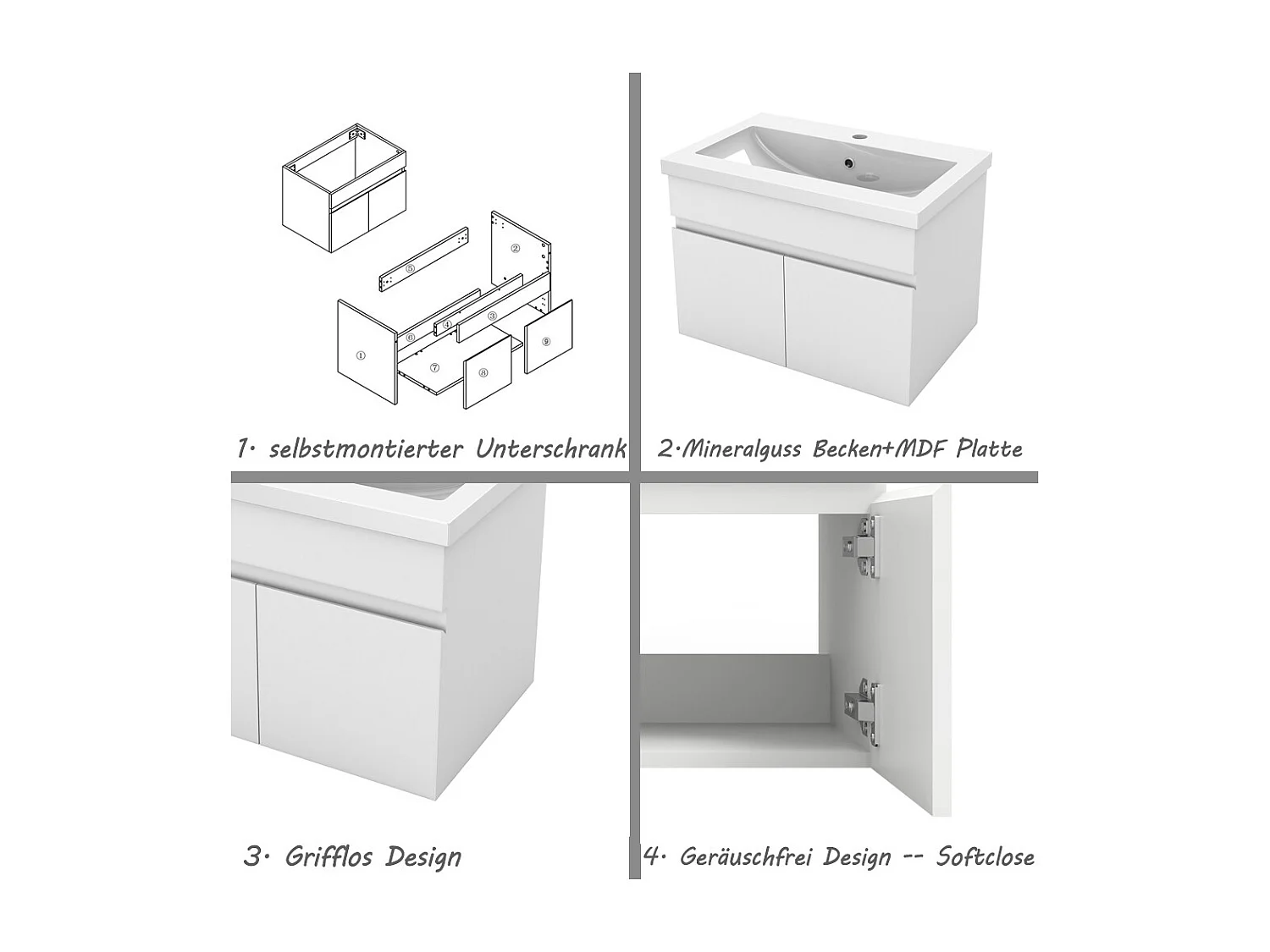 AICA Badezimmerschränke 60cm Mineralguss Waschtisch mit Unterschrank - Weiß Matt Hängeschrank - MARO