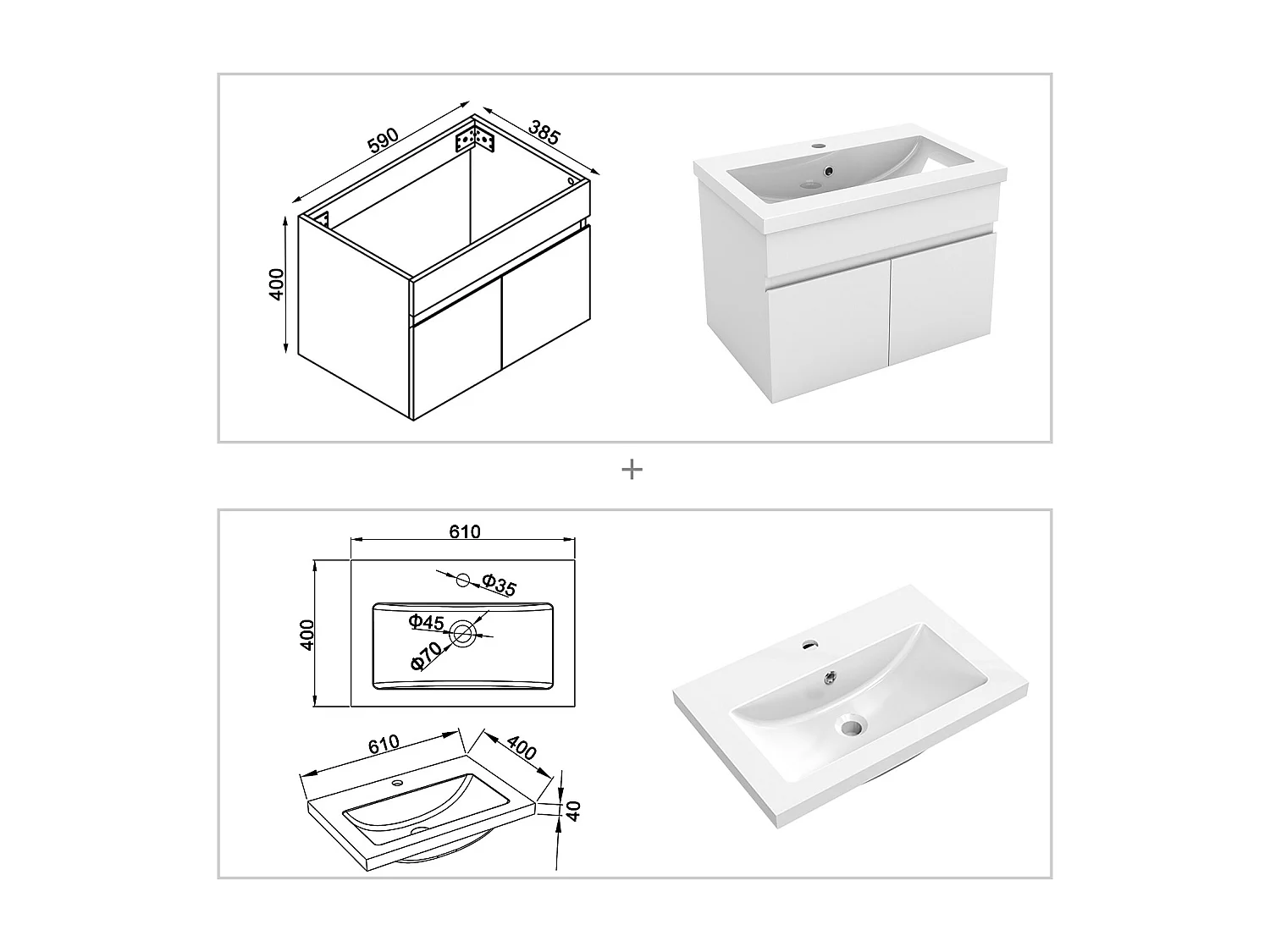 AICA Badezimmerschränke 60cm Mineralguss Waschtisch mit Unterschrank - Weiß Matt Hängeschrank - MARO
