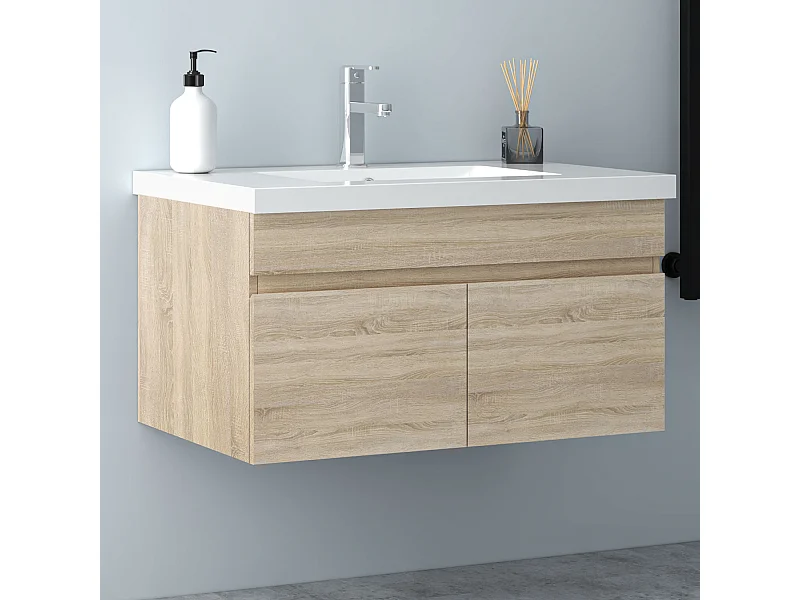 AICA Badezimmerschränke 80cm Mineralguss Waschtisch mit Unterschrank - Eiche Matt Hängeschrank - MARO