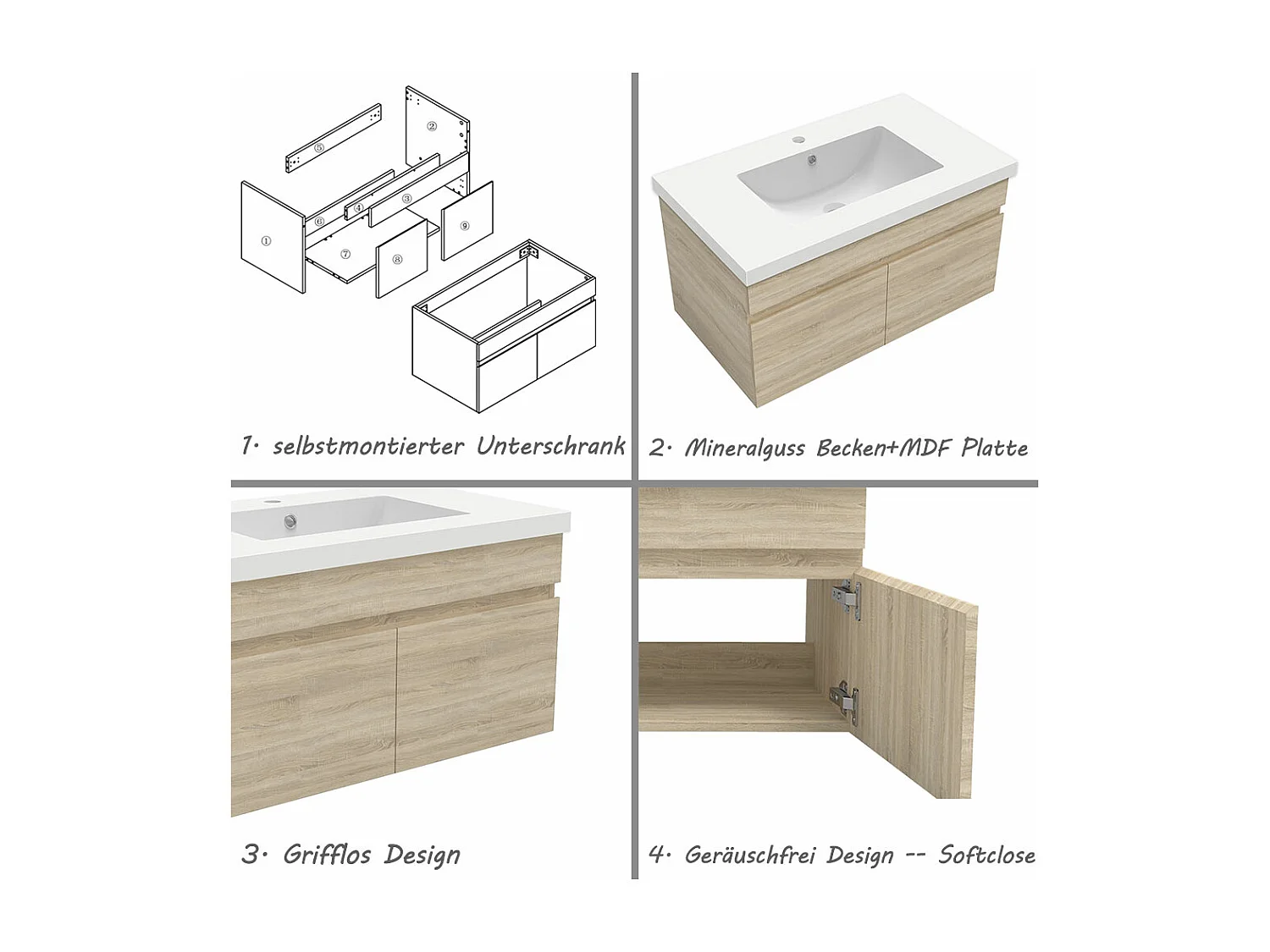 AICA Badezimmerschränke 80cm Mineralguss Waschtisch mit Unterschrank - Eiche Matt Hängeschrank - MARO