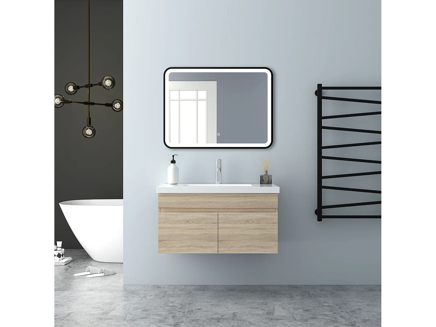 AICA Badezimmerschränke 80cm Mineralguss Waschtisch mit Unterschrank - Eiche Matt Hängeschrank - MARO