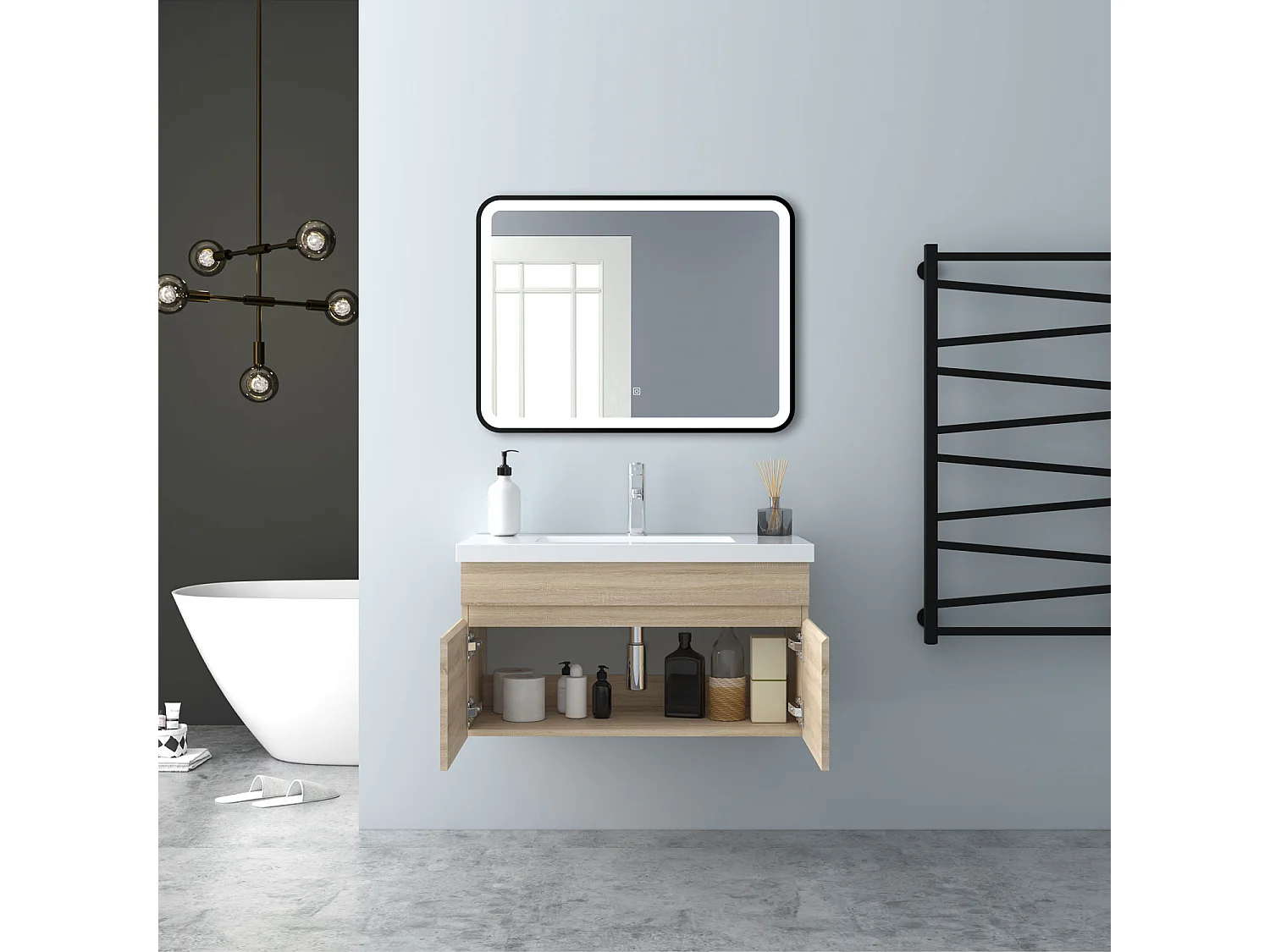 AICA Badezimmerschränke 80cm Mineralguss Waschtisch mit Unterschrank - Eiche Matt Hängeschrank - MARO