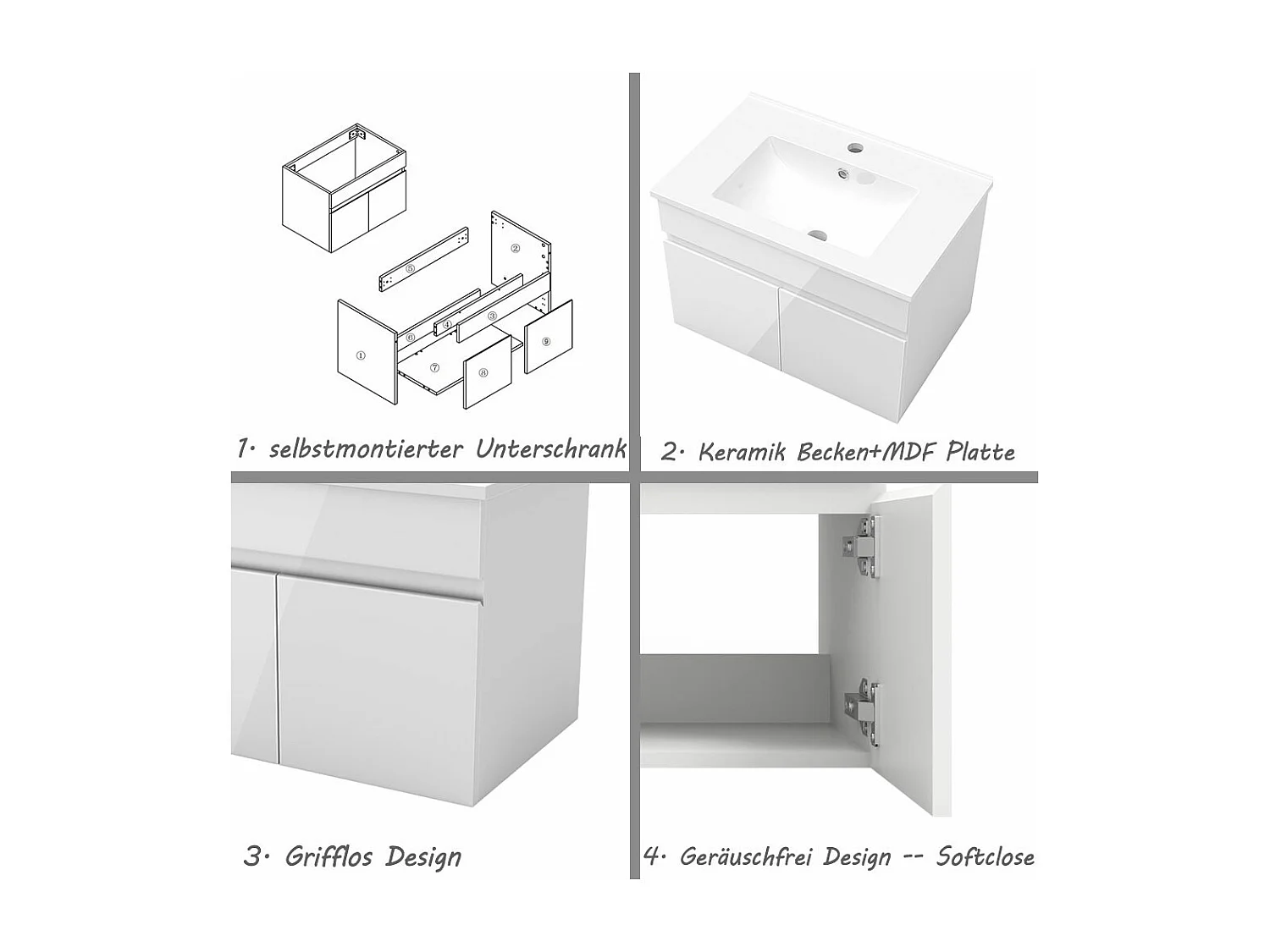 AICA Badezimmerschränke 60cm Dünn Keramik Waschtisch mit Unterschrank - Hochglanz Weiß Hängeschrank - MARO