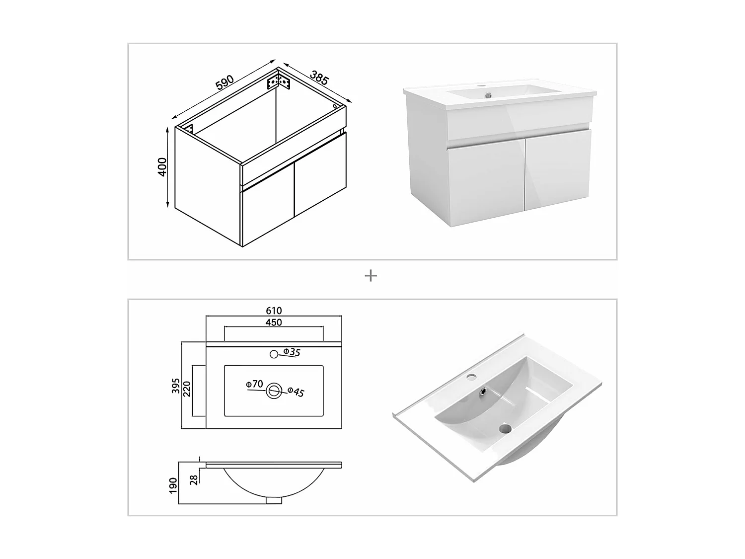 AICA Badezimmerschränke 60cm Dünn Keramik Waschtisch mit Unterschrank - Hochglanz Weiß Hängeschrank - MARO