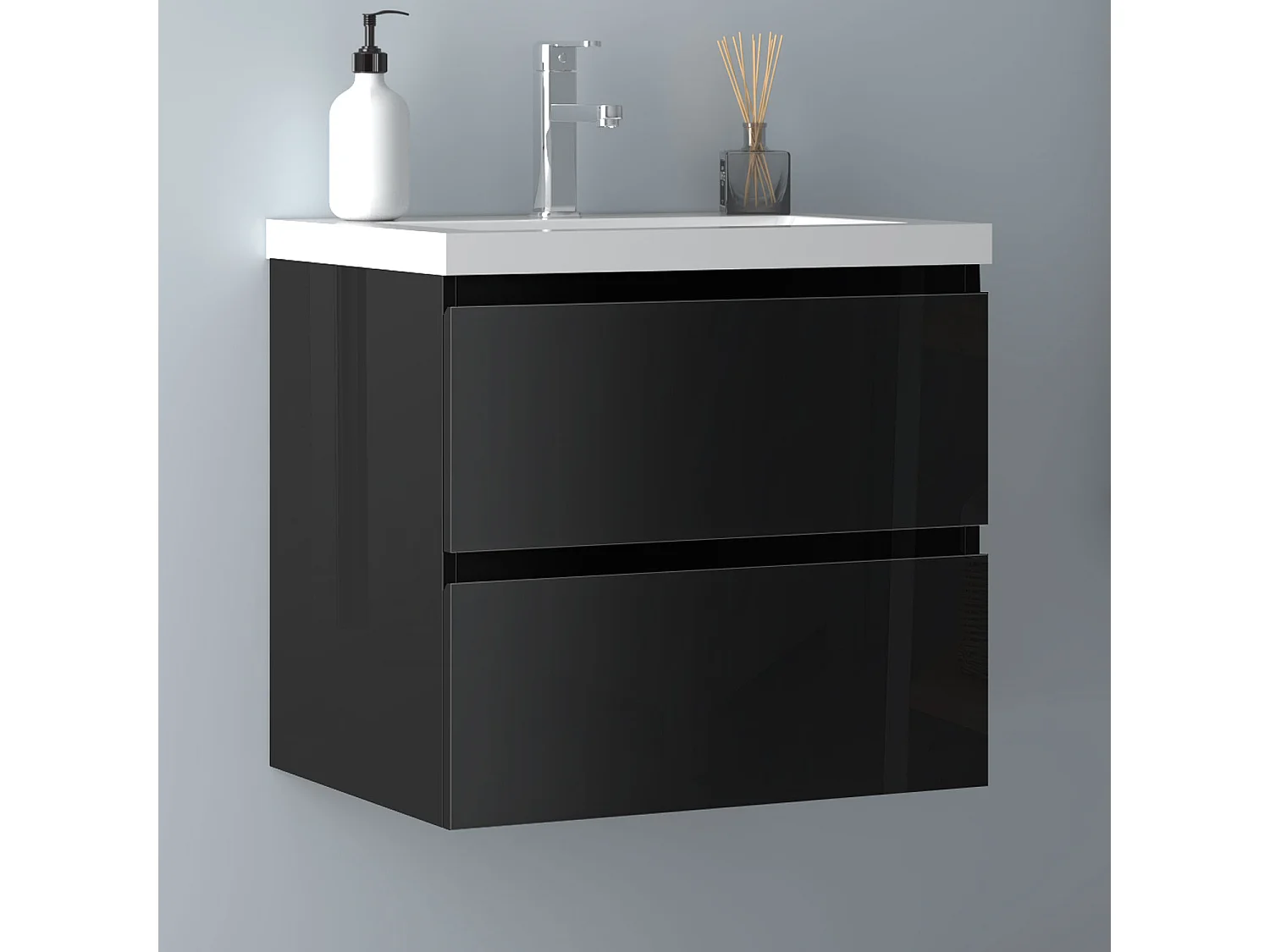 AICA Waschbeckenunterschrank hängend 60cm Dickes Keramik Waschtisch mit Unterschrank - Hochglanz Schwarz - CINIC