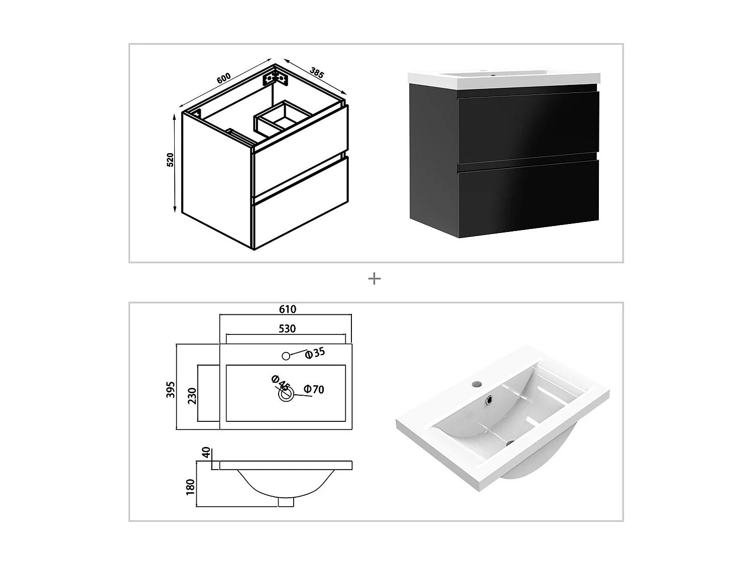 AICA Waschbeckenunterschrank hängend 60cm Dickes Keramik Waschtisch mit Unterschrank - Hochglanz Schwarz - CINIC