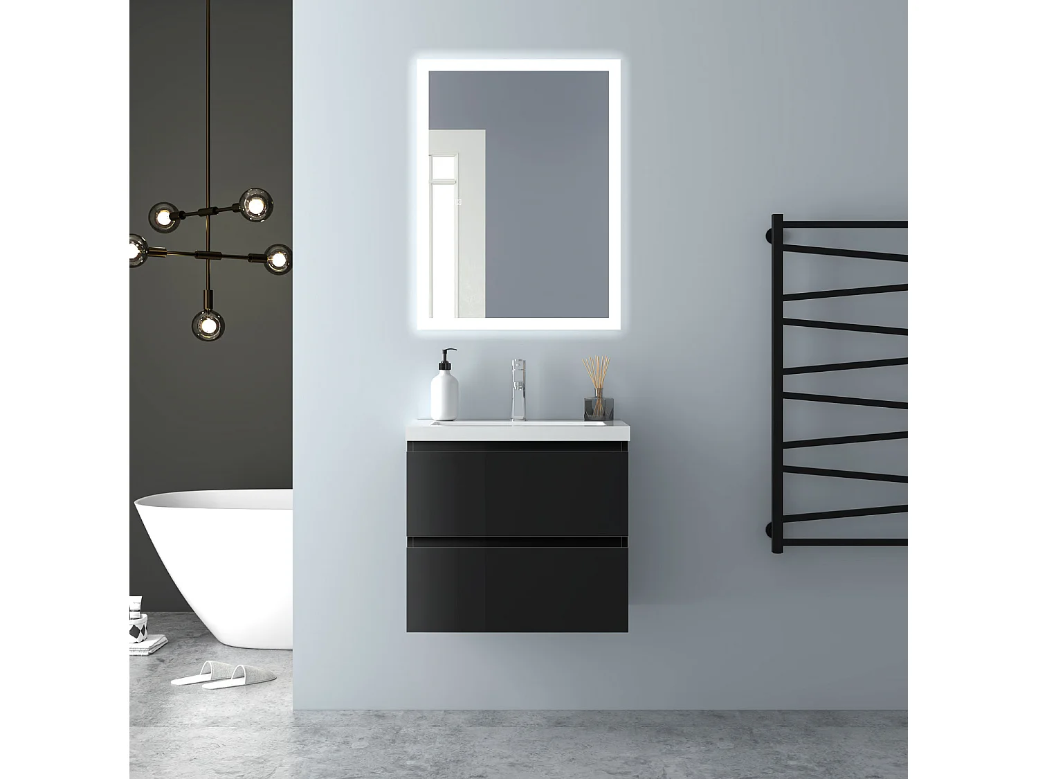 AICA Waschbeckenunterschrank hängend 60cm Dickes Keramik Waschtisch mit Unterschrank - Hochglanz Schwarz - CINIC