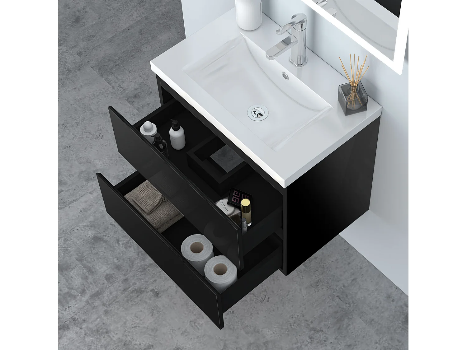 AICA Waschbeckenunterschrank hängend 60cm Dickes Keramik Waschtisch mit Unterschrank - Hochglanz Schwarz - CINIC