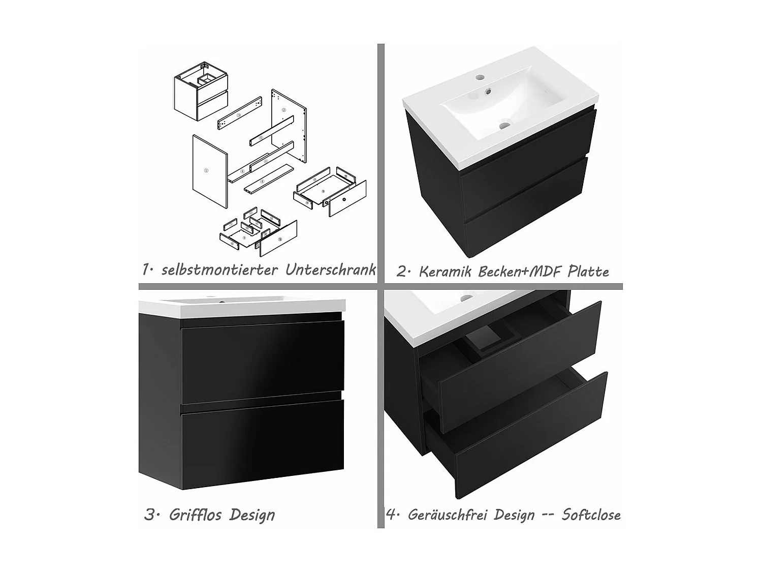 AICA Waschbeckenunterschrank hängend 60cm Dickes Keramik Waschtisch mit Unterschrank - Hochglanz Schwarz - CINIC