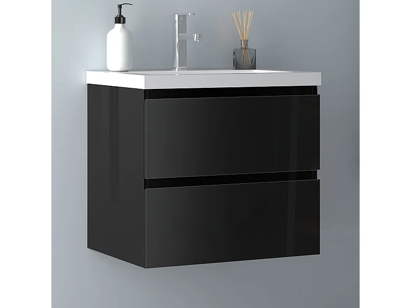 AICA Waschbeckenunterschrank hängend 60cm Dickes Keramik Waschtisch mit Unterschrank - Hochglanz Schwarz - CINIC