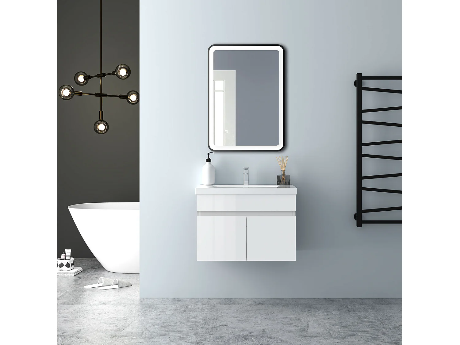 AICA Badezimmerschränke 60cm Dickes Keramik Waschtisch mit Unterschrank - Hochglanz Weiß Hängeschrank - MARO