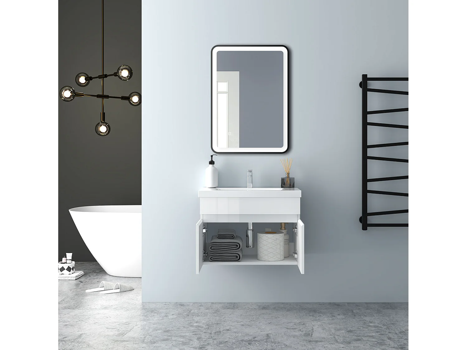 AICA Badezimmerschränke 60cm Dickes Keramik Waschtisch mit Unterschrank - Hochglanz Weiß Hängeschrank - MARO