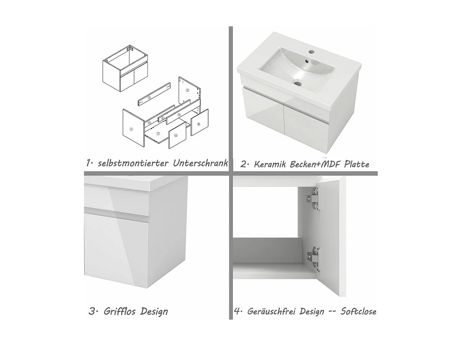 AICA Badezimmerschränke 60cm Dickes Keramik Waschtisch mit Unterschrank - Hochglanz Weiß Hängeschrank - MARO