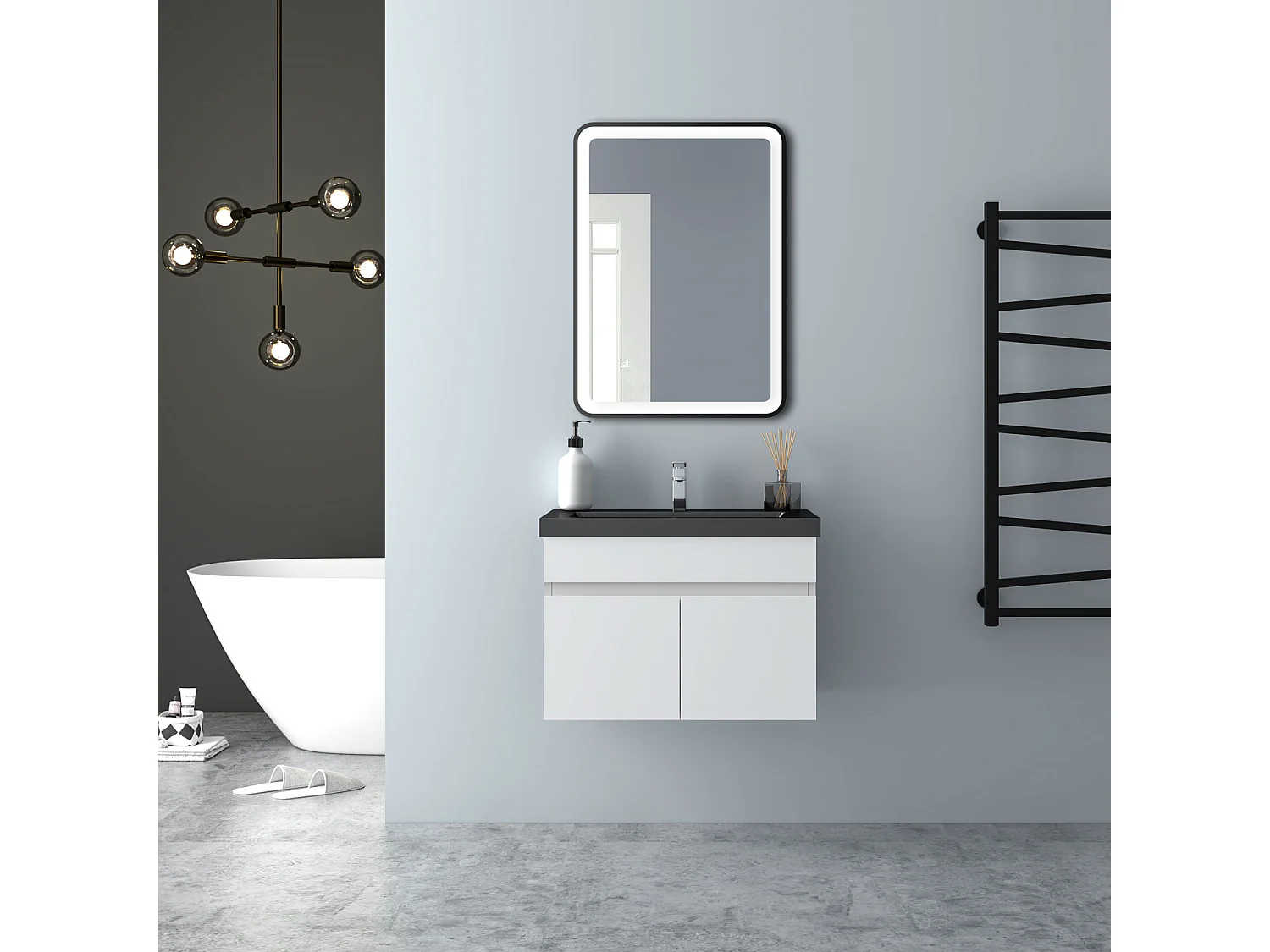 AICA Badezimmerschränke 60cm Schwarz Mineralguss Waschtisch mit Unterschrank - Weiß Matt Hängeschrank - MARO