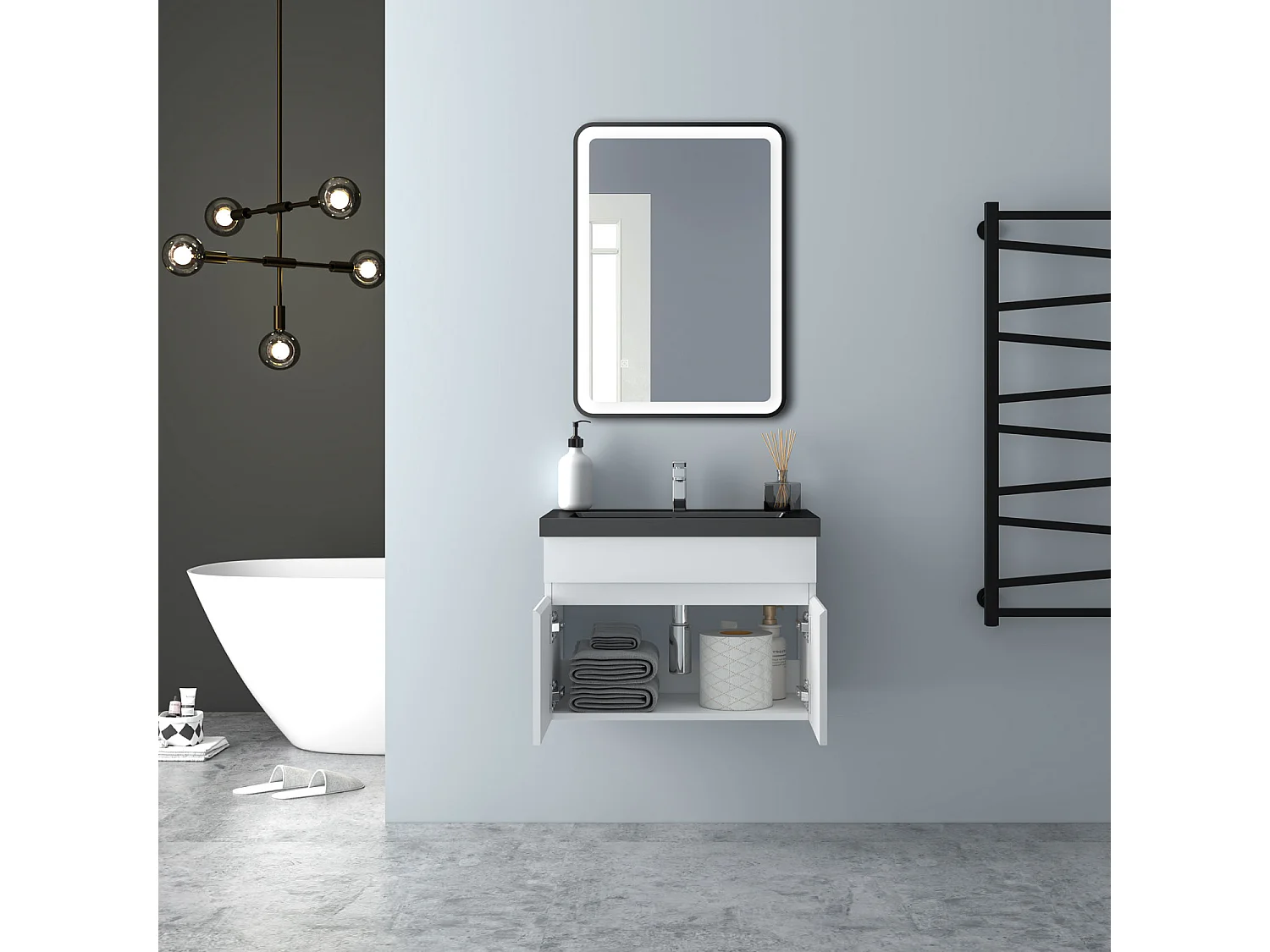 AICA Badezimmerschränke 60cm Schwarz Mineralguss Waschtisch mit Unterschrank - Weiß Matt Hängeschrank - MARO