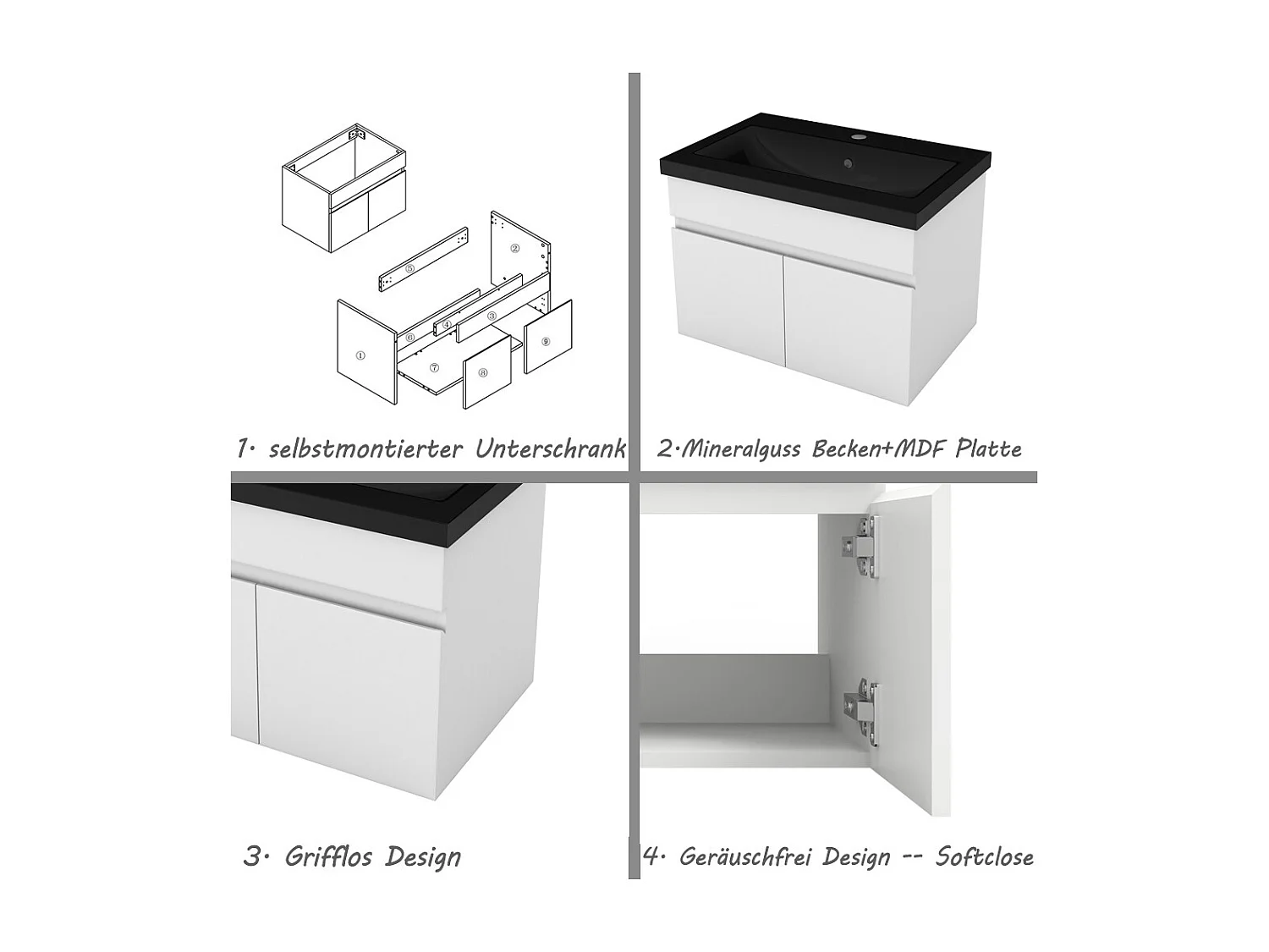 AICA Badezimmerschränke 60cm Schwarz Mineralguss Waschtisch mit Unterschrank - Weiß Matt Hängeschrank - MARO