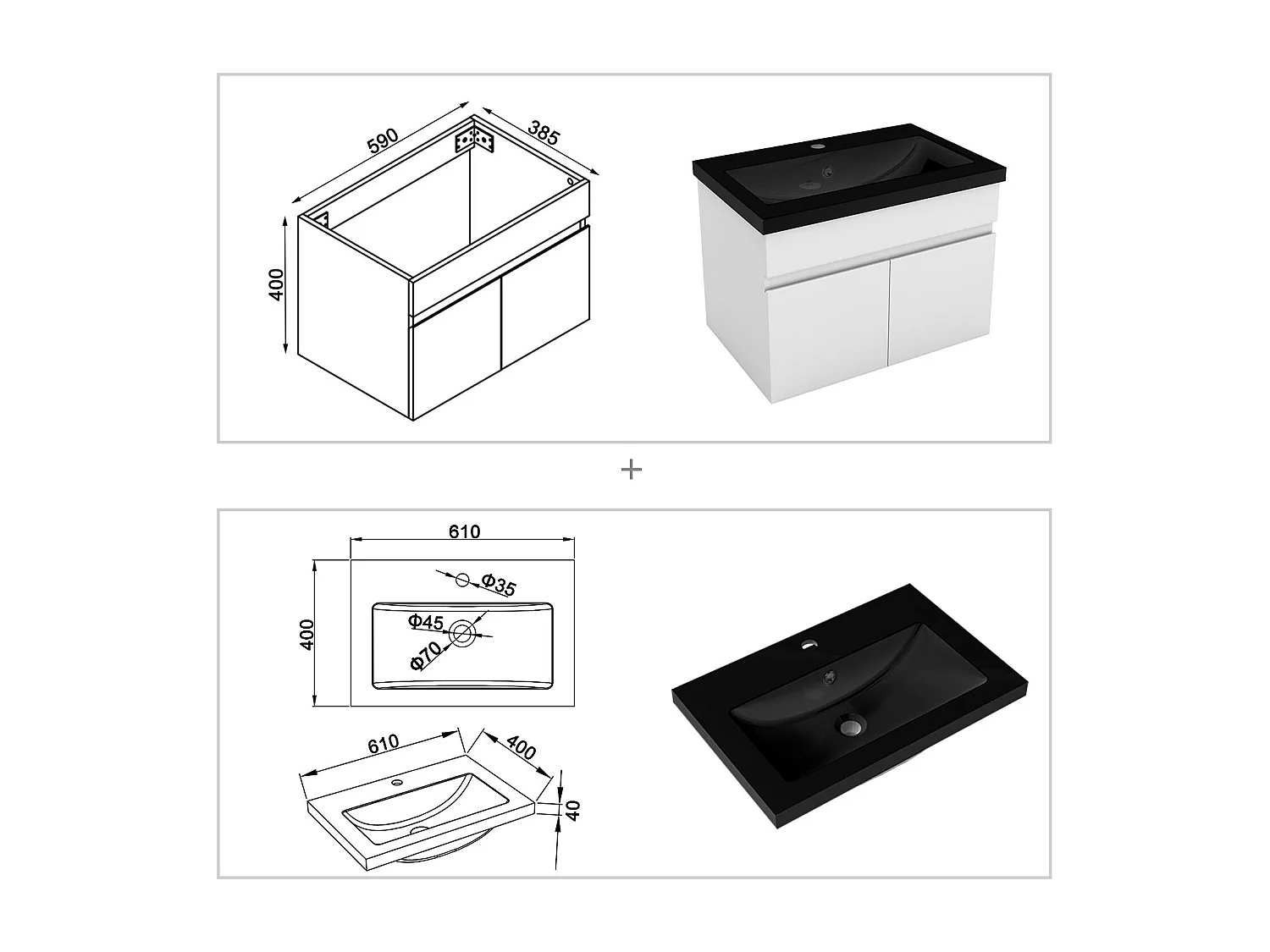 AICA Badezimmerschränke 60cm Schwarz Mineralguss Waschtisch mit Unterschrank - Weiß Matt Hängeschrank - MARO
