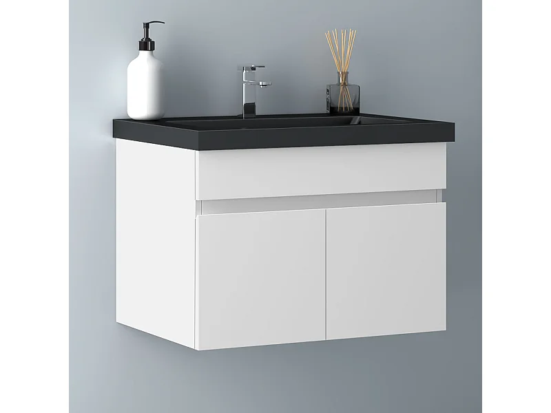 AICA Badezimmerschränke 60cm Schwarz Mineralguss Waschtisch mit Unterschrank - Weiß Matt Hängeschrank - MARO