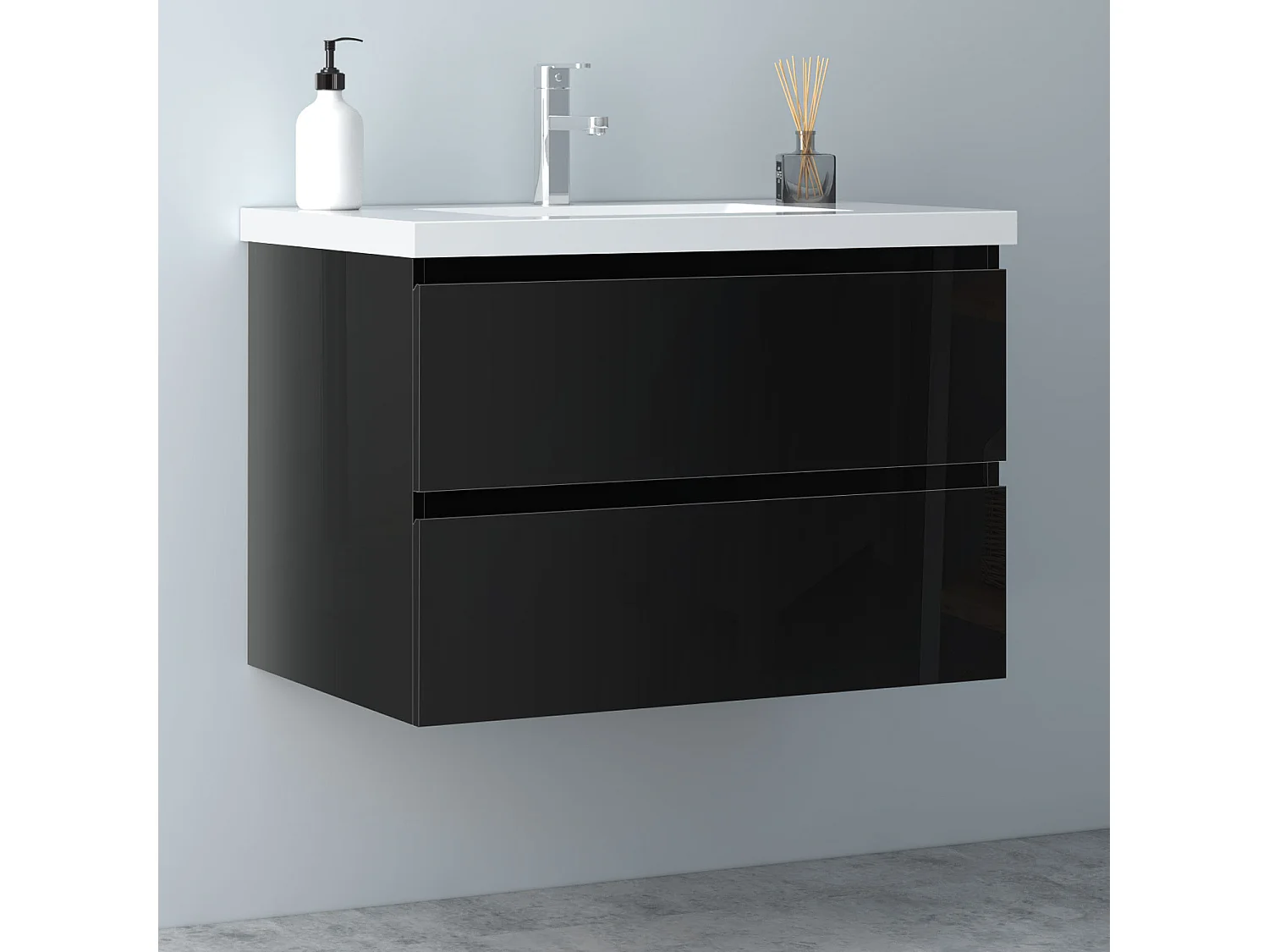 AICA Waschbeckenunterschrank hängend 80cm Mineralguss Waschtisch mit Unterschrank - Hochglanz Schwarz - CINIC