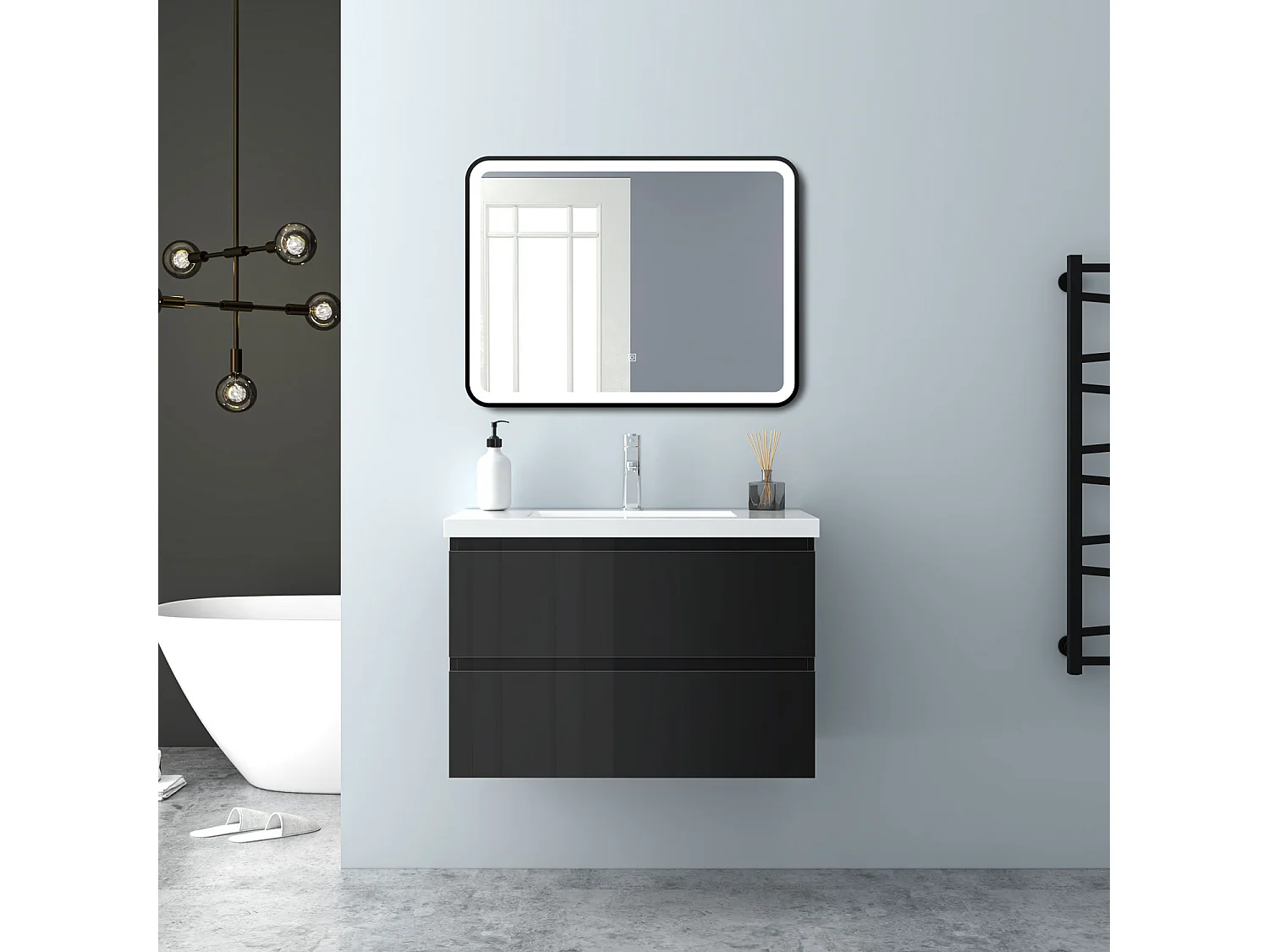 AICA Waschbeckenunterschrank hängend 80cm Mineralguss Waschtisch mit Unterschrank - Hochglanz Schwarz - CINIC