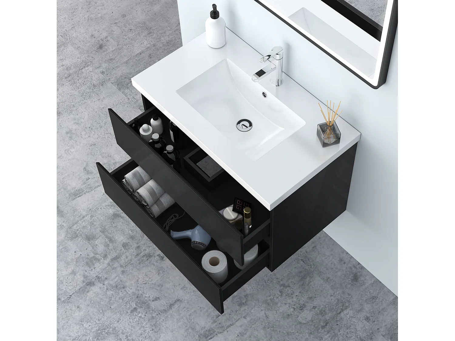 AICA Waschbeckenunterschrank hängend 80cm Mineralguss Waschtisch mit Unterschrank - Hochglanz Schwarz - CINIC