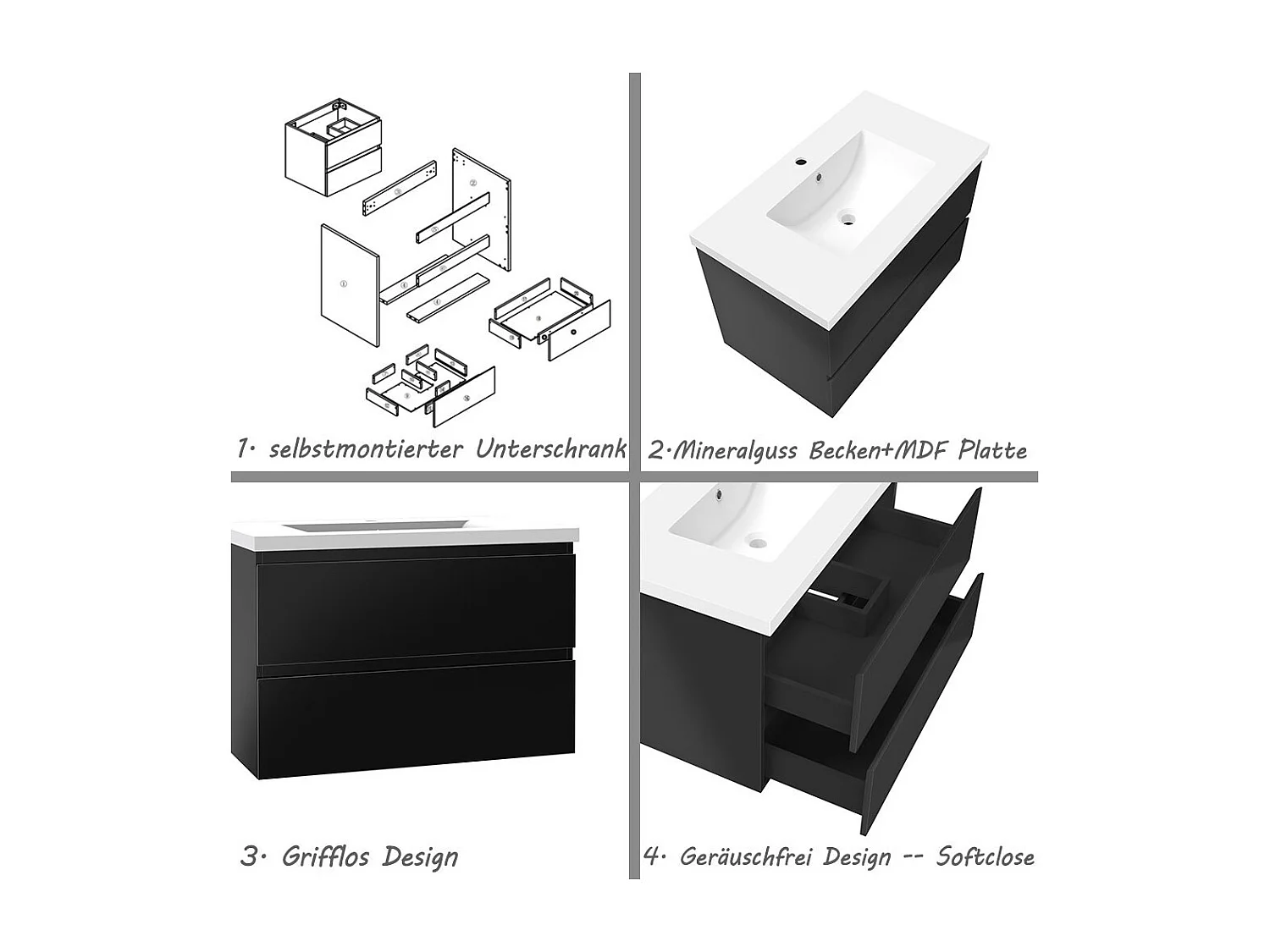 AICA Waschbeckenunterschrank hängend 80cm Mineralguss Waschtisch mit Unterschrank - Hochglanz Schwarz - CINIC