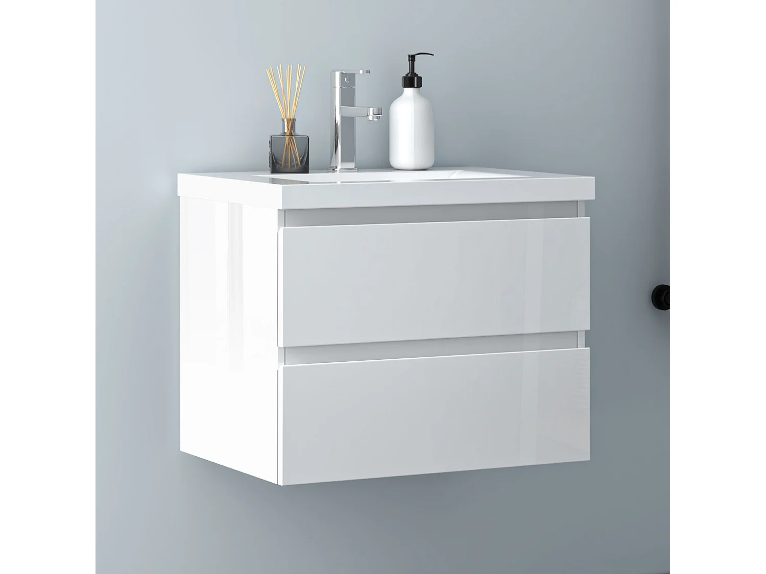 AICA Waschbeckenunterschrank hängend 60cm Dickes Keramik Waschtisch mit Unterschrank - Hochglanz Weiß - CINIC