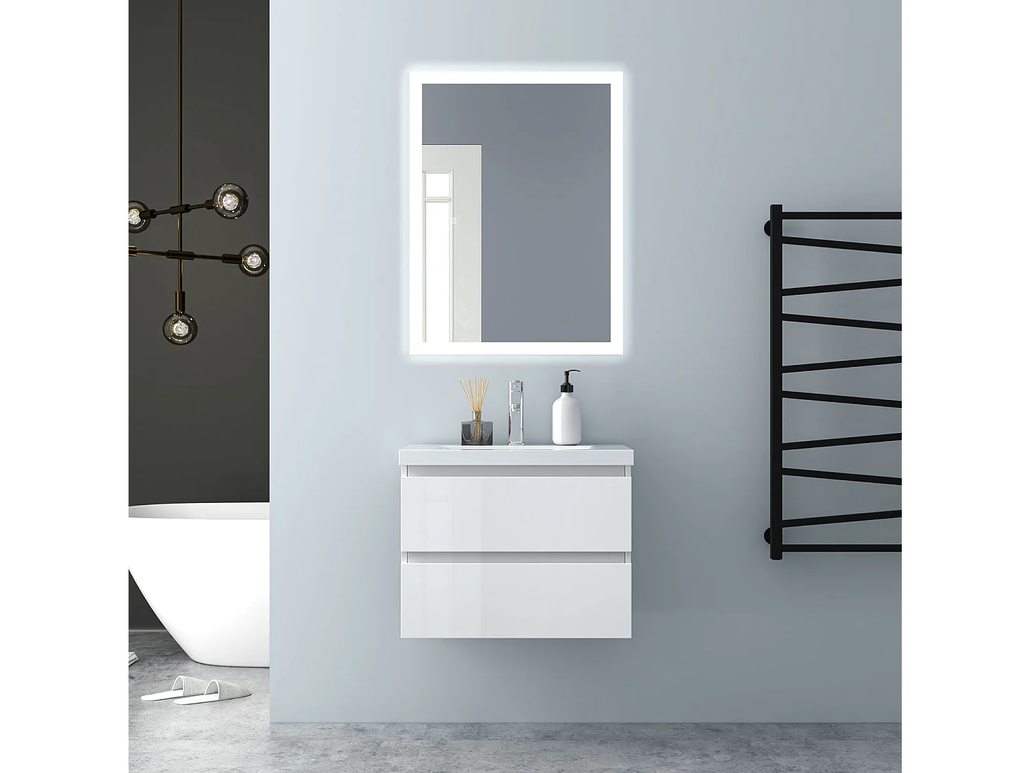 AICA Waschbeckenunterschrank hängend 60cm Dickes Keramik Waschtisch mit Unterschrank - Hochglanz Weiß - CINIC