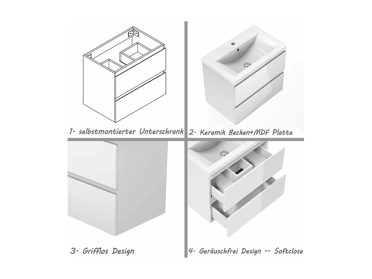 AICA Waschbeckenunterschrank hängend 60cm Dickes Keramik Waschtisch mit Unterschrank - Hochglanz Weiß - CINIC