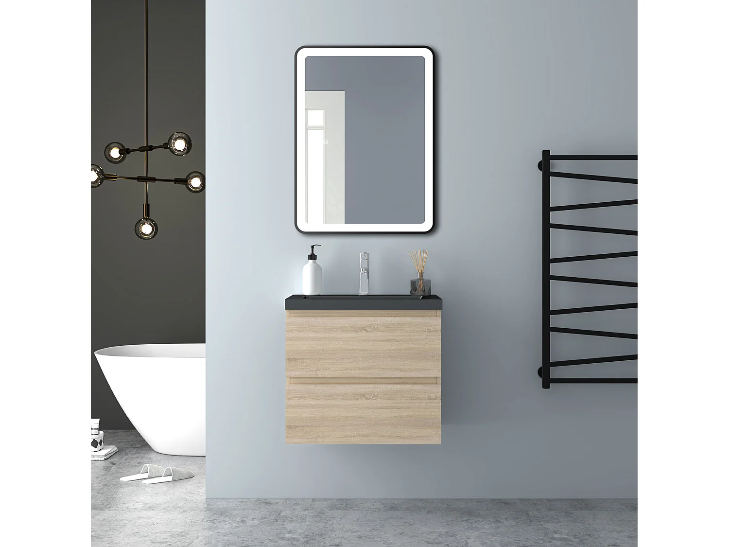 AICA Waschbeckenunterschrank hängend 60cm Schwarz Mineralguss Waschtisch mit Unterschrank - Eiche Matt - CINIC