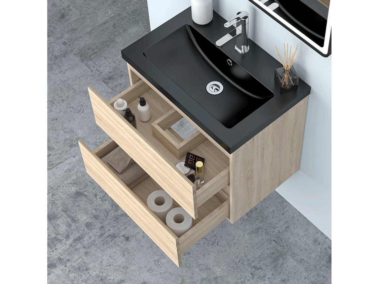 AICA Waschbeckenunterschrank hängend 60cm Schwarz Mineralguss Waschtisch mit Unterschrank - Eiche Matt - CINIC