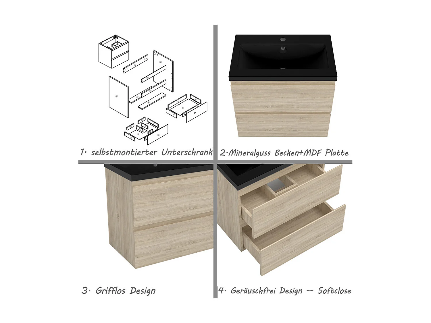 AICA Waschbeckenunterschrank hängend 60cm Schwarz Mineralguss Waschtisch mit Unterschrank - Eiche Matt - CINIC
