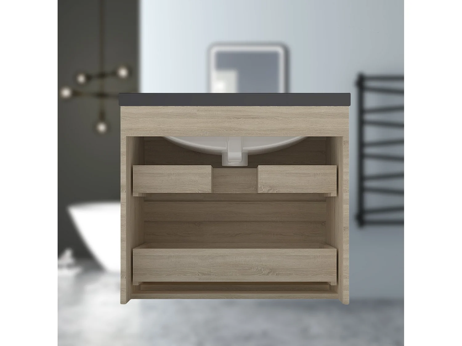 AICA Waschbeckenunterschrank hängend 60cm Schwarz Mineralguss Waschtisch mit Unterschrank - Eiche Matt - CINIC