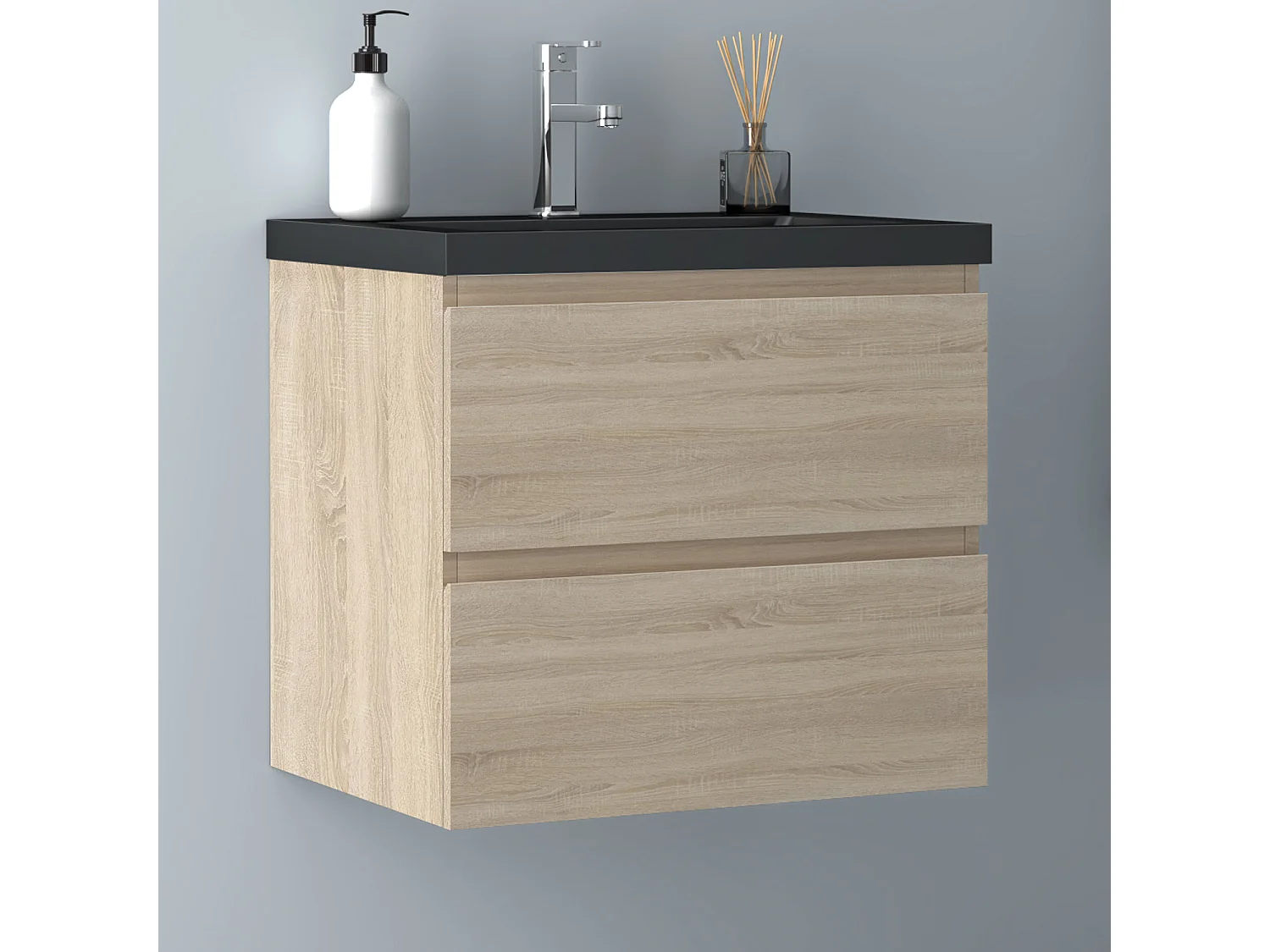 AICA Waschbeckenunterschrank hängend 60cm Schwarz Mineralguss Waschtisch mit Unterschrank - Eiche Matt - CINIC