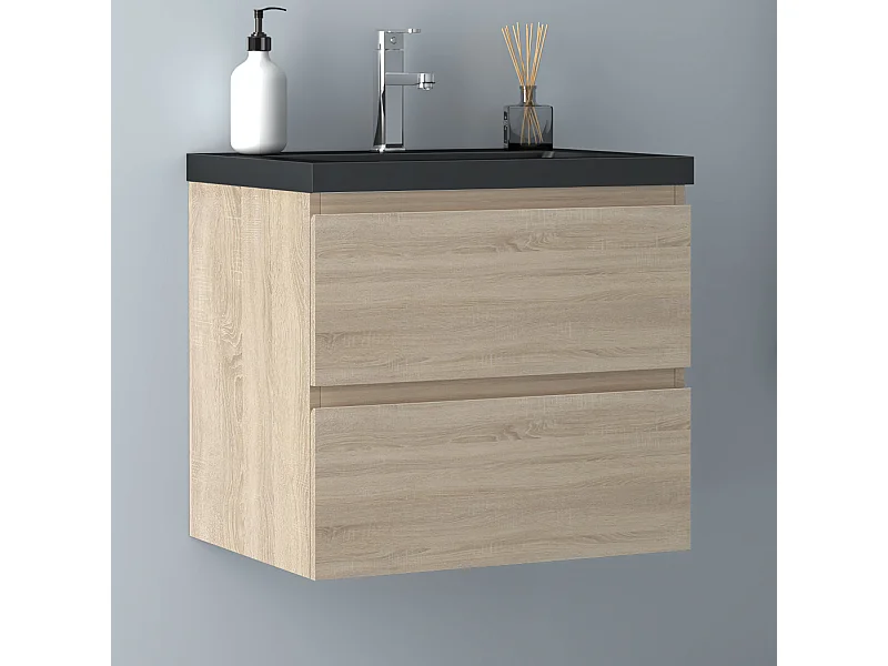 AICA Waschbeckenunterschrank hängend 60cm Schwarz Mineralguss Waschtisch mit Unterschrank - Eiche Matt - CINIC