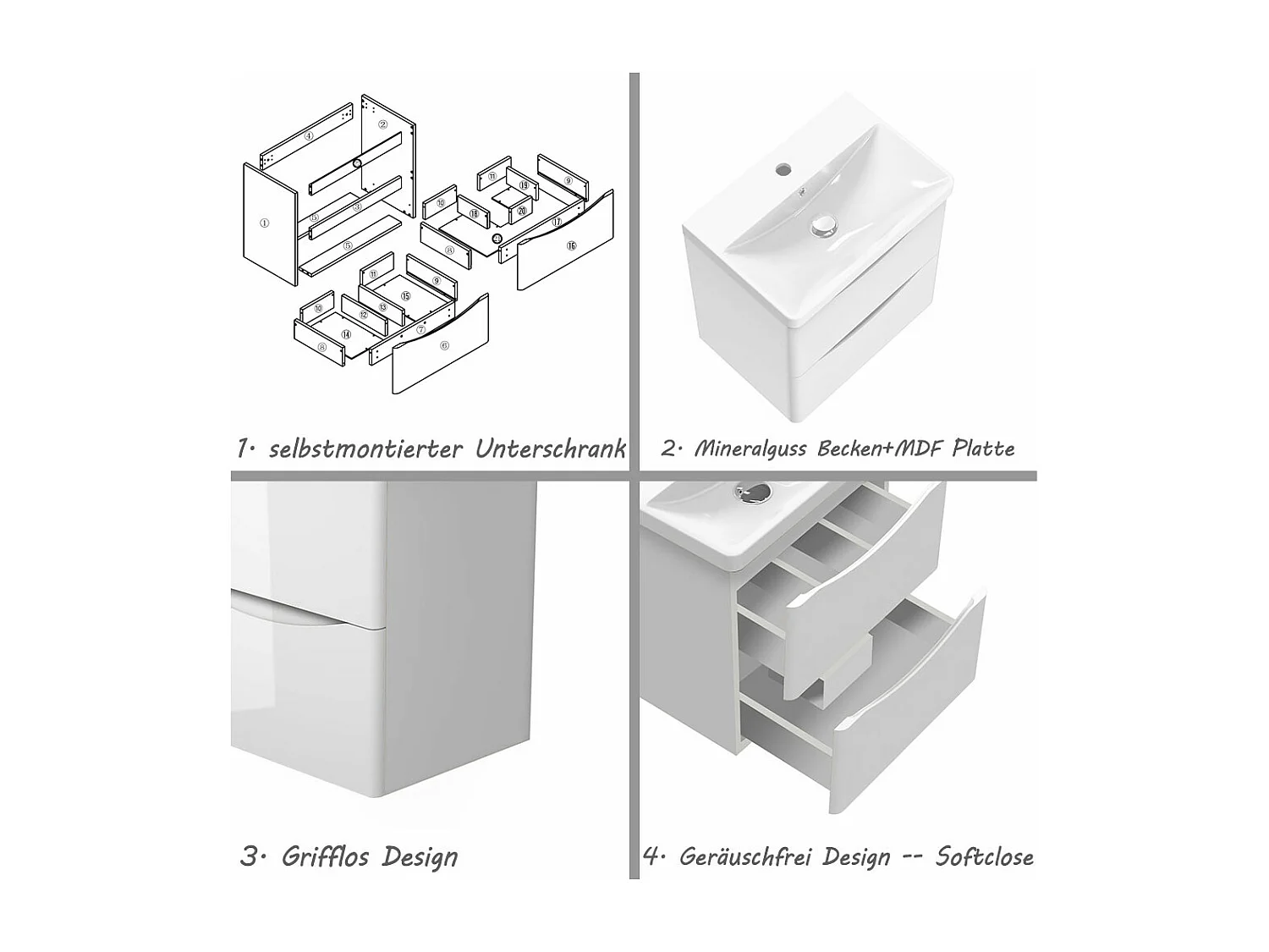 AICA Badezimmerschrank hängend 50cm Mineralguss waschbecken mit Unterschrank - Hochglanz Weiß - SEMAL