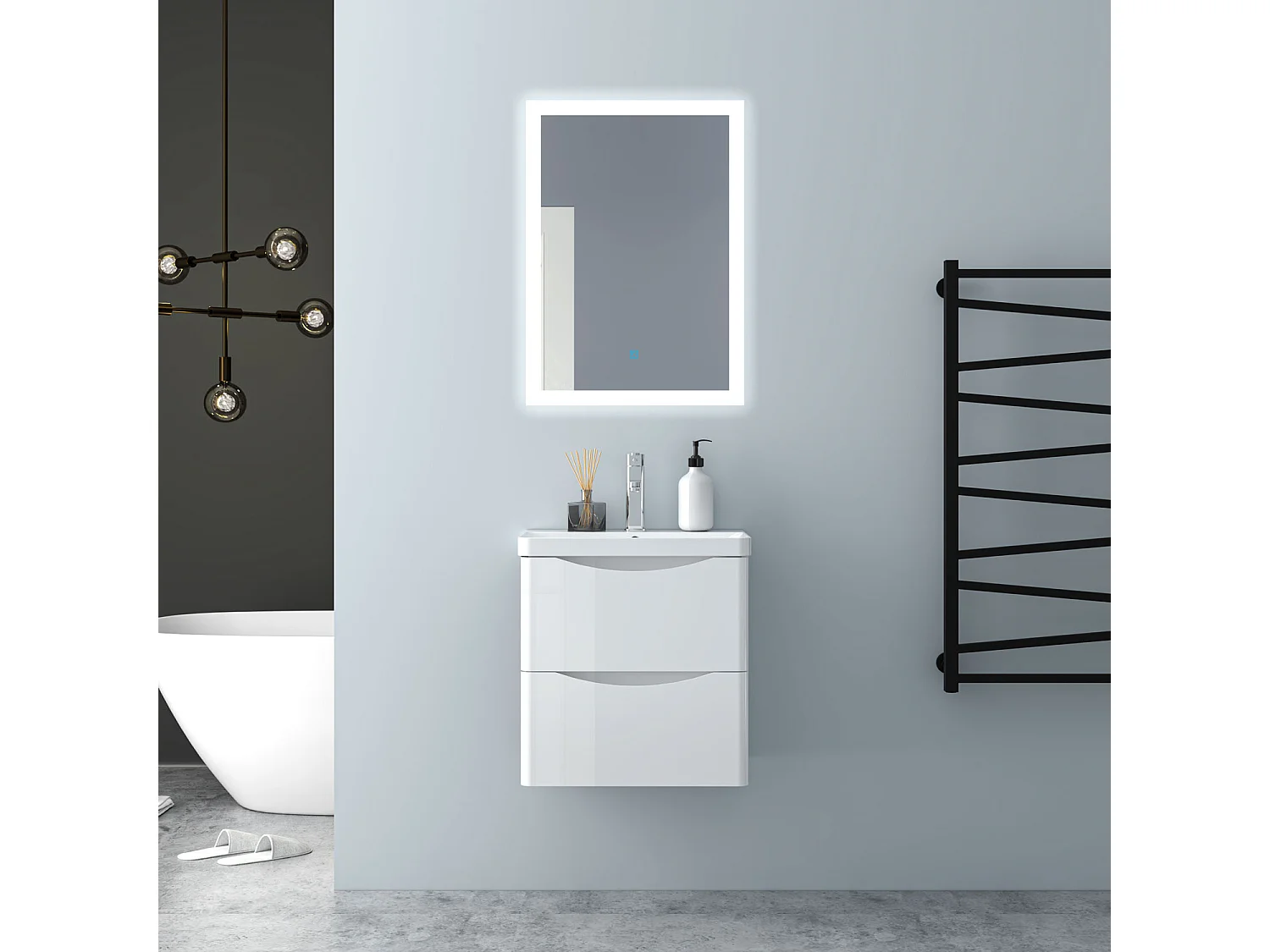 AICA Badezimmerschrank hängend 50cm Mineralguss waschbecken mit Unterschrank - Hochglanz Weiß - SEMAL