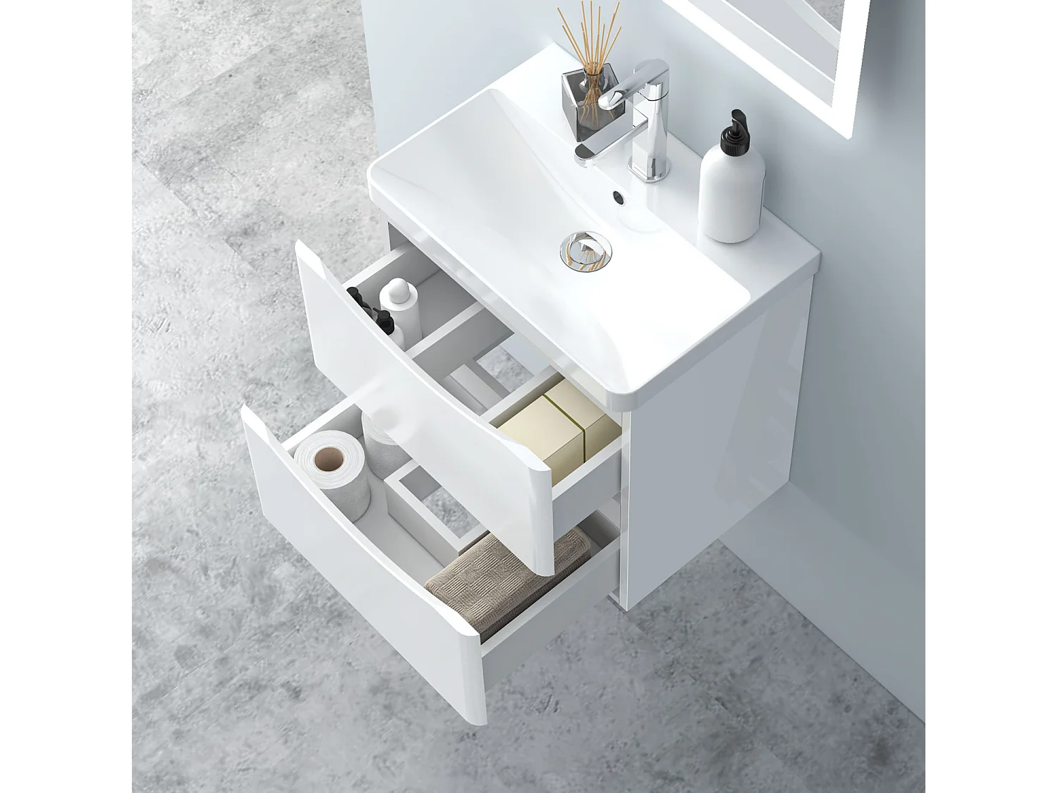 AICA Badezimmerschrank hängend 50cm Mineralguss waschbecken mit Unterschrank - Hochglanz Weiß - SEMAL