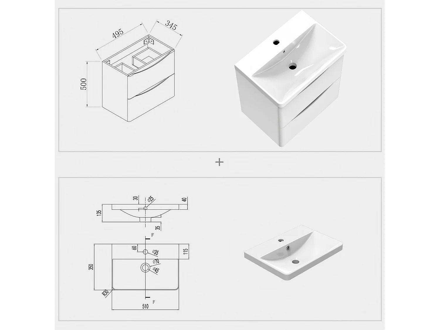 AICA Badezimmerschrank hängend 50cm Mineralguss waschbecken mit Unterschrank - Hochglanz Weiß - SEMAL