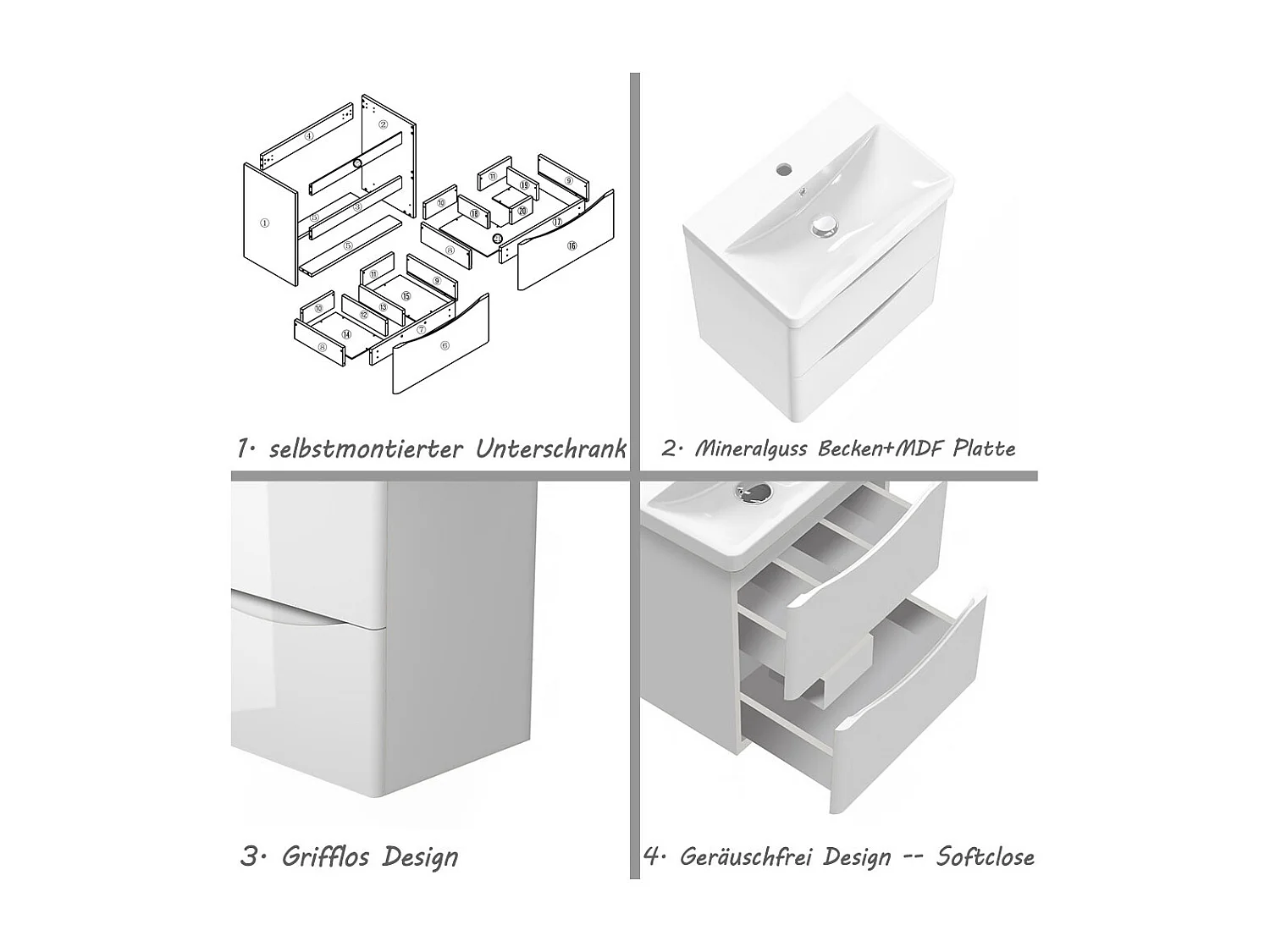AICA Badezimmerschrank hängend 50cm Mineralguss waschbecken mit Unterschrank - Hochglanz Weiß - SEMAL