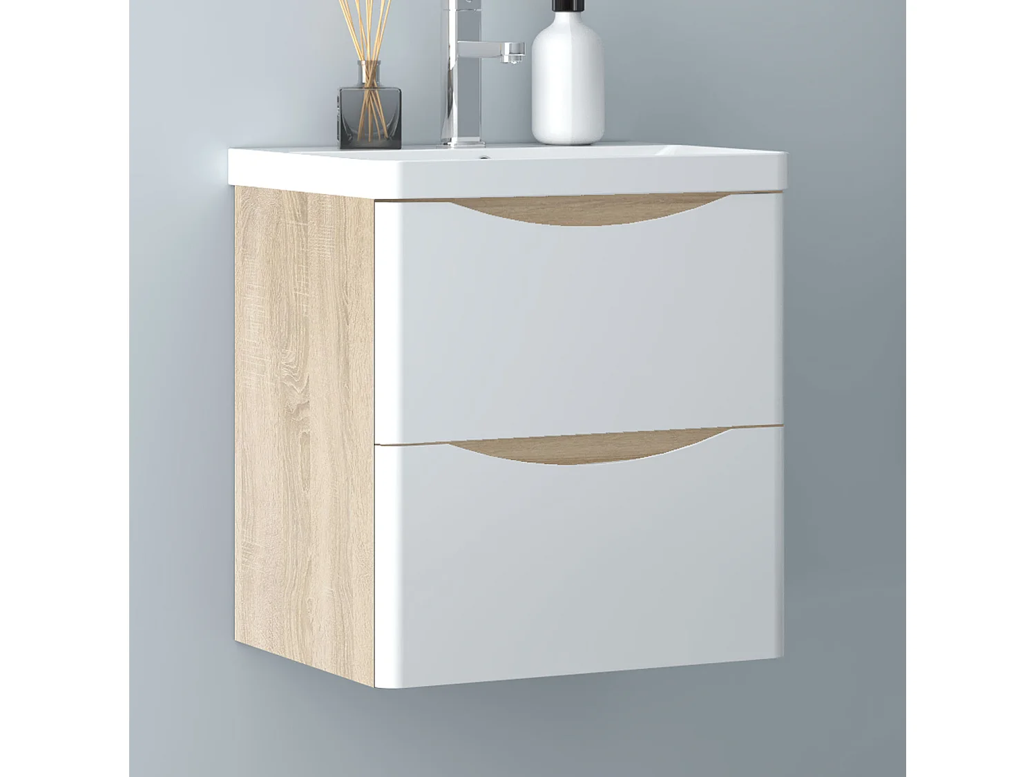 AICA Badezimmerschrank hängend 50cm Mineralguss waschbecken mit Unterschrank - Eiche & Weiß - SEMAL