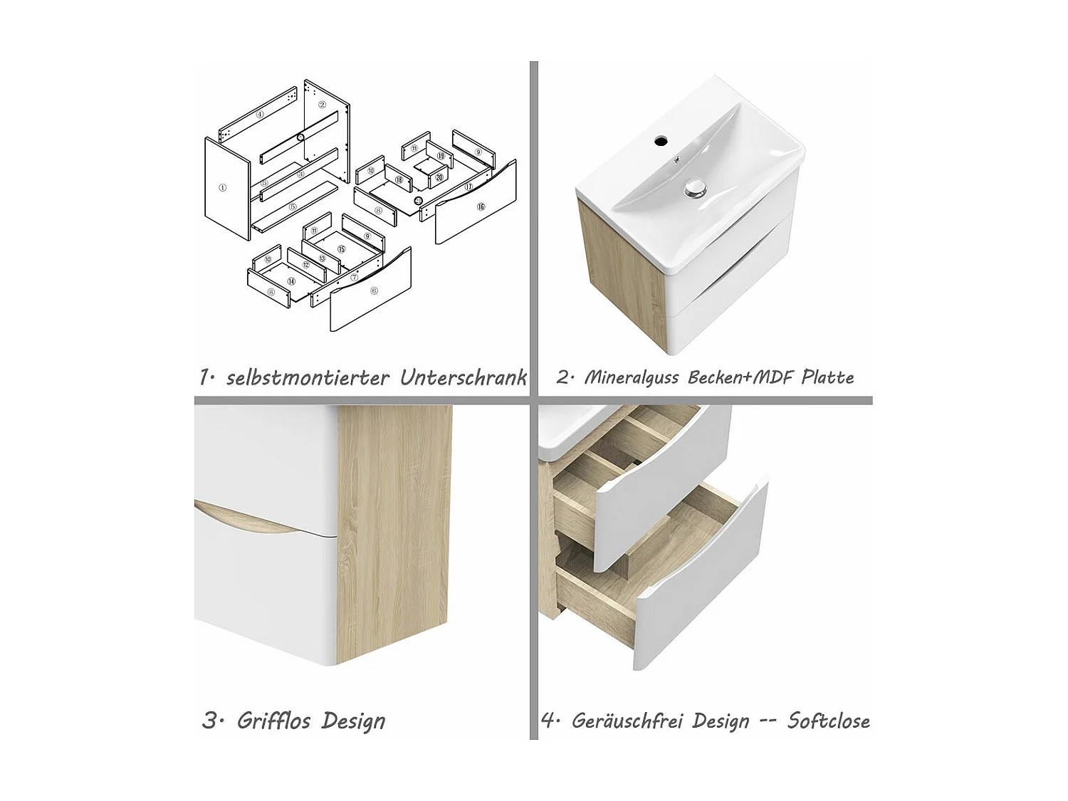 AICA Badezimmerschrank hängend 50cm Mineralguss waschbecken mit Unterschrank - Eiche & Weiß - SEMAL
