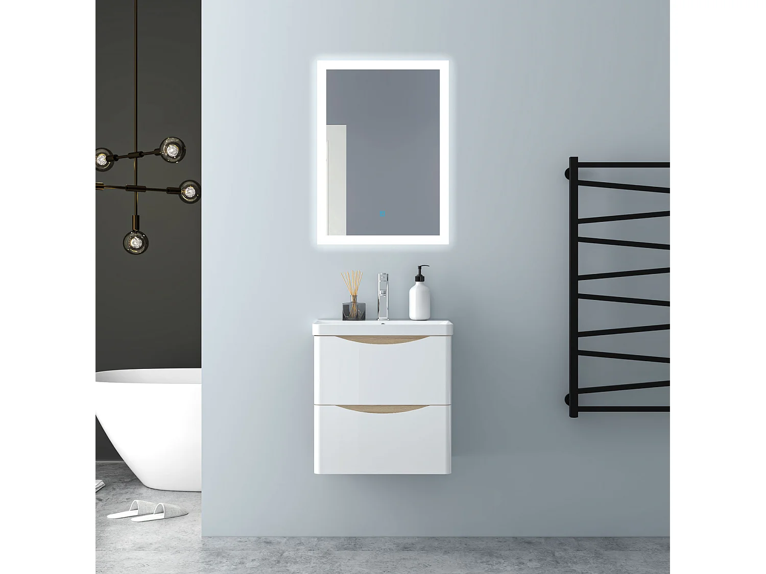 AICA Badezimmerschrank hängend 50cm Mineralguss waschbecken mit Unterschrank - Eiche & Weiß - SEMAL