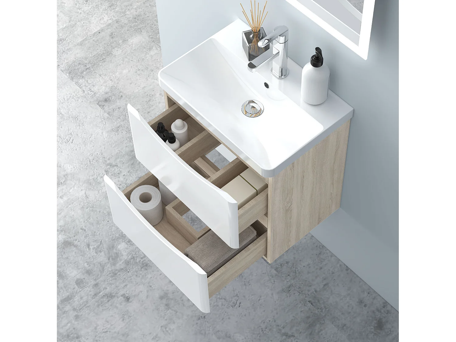 AICA Badezimmerschrank hängend 50cm Mineralguss waschbecken mit Unterschrank - Eiche & Weiß - SEMAL