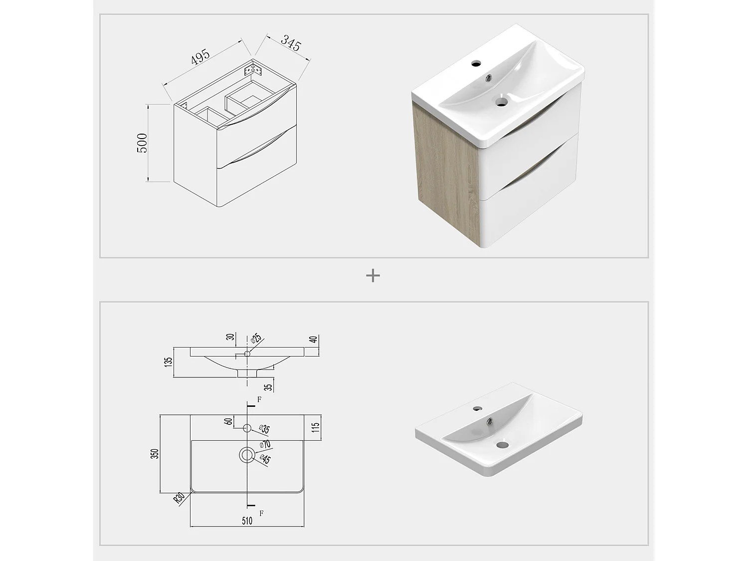 AICA Badezimmerschrank hängend 50cm Mineralguss waschbecken mit Unterschrank - Eiche & Weiß - SEMAL