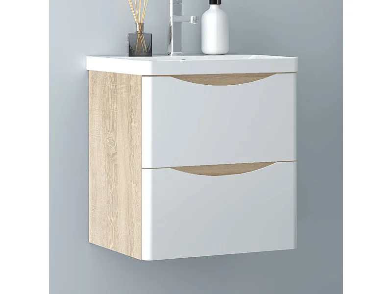 AICA Badezimmerschrank hängend 50cm Mineralguss waschbecken mit Unterschrank - Eiche & Weiß - SEMAL