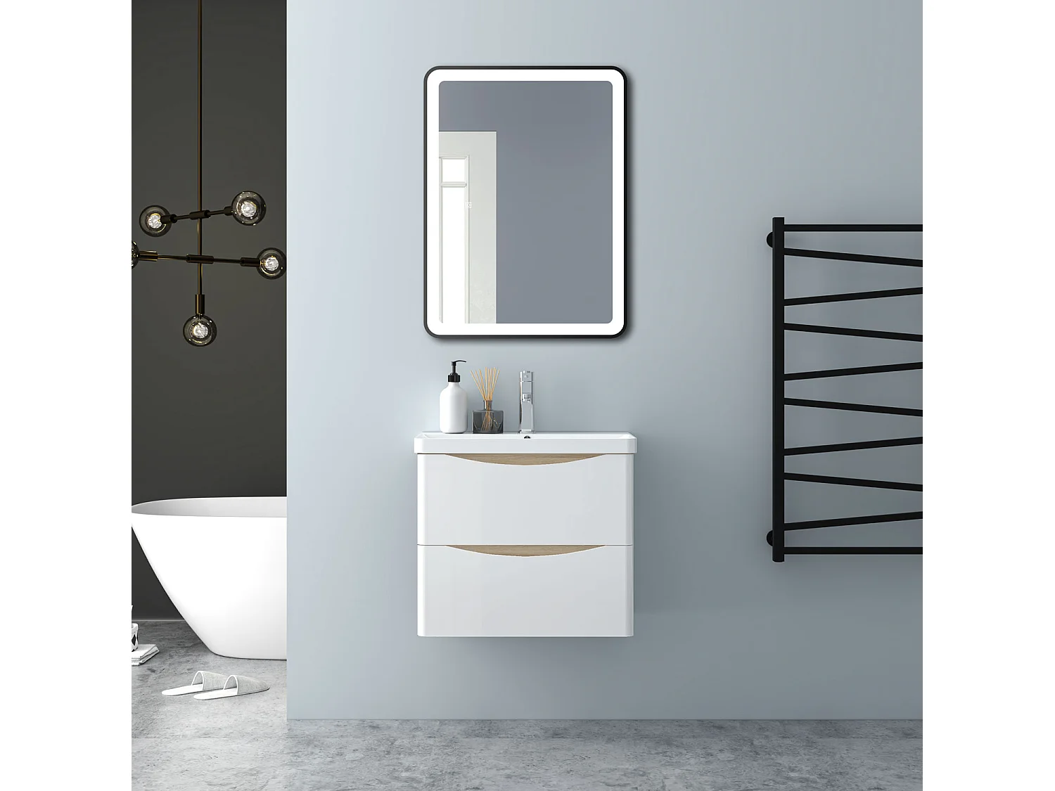 AICA Badezimmerschrank hängend 60cm Mineralguss waschbecken mit Unterschrank - Eiche & Weiß - SEMAL