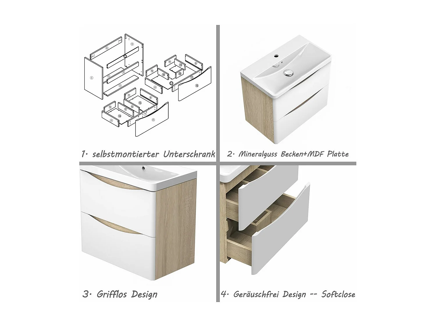 AICA Badezimmerschrank hängend 60cm Mineralguss waschbecken mit Unterschrank - Eiche & Weiß - SEMAL