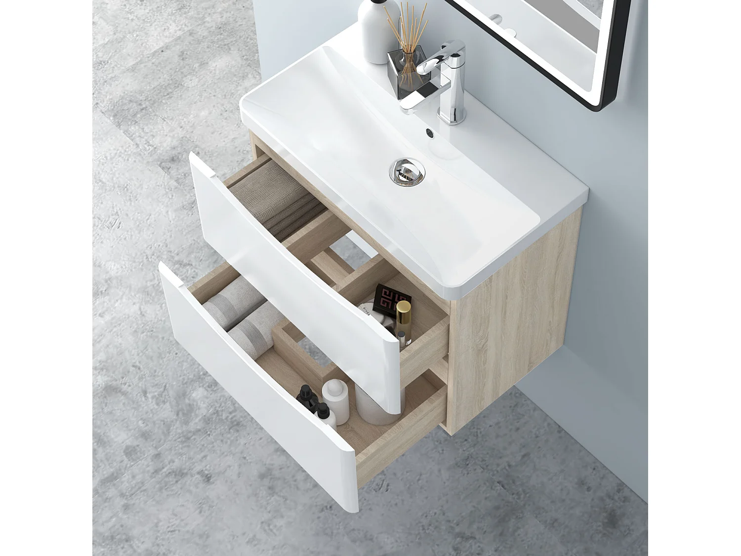 AICA Badezimmerschrank hängend 60cm Mineralguss waschbecken mit Unterschrank - Eiche & Weiß - SEMAL