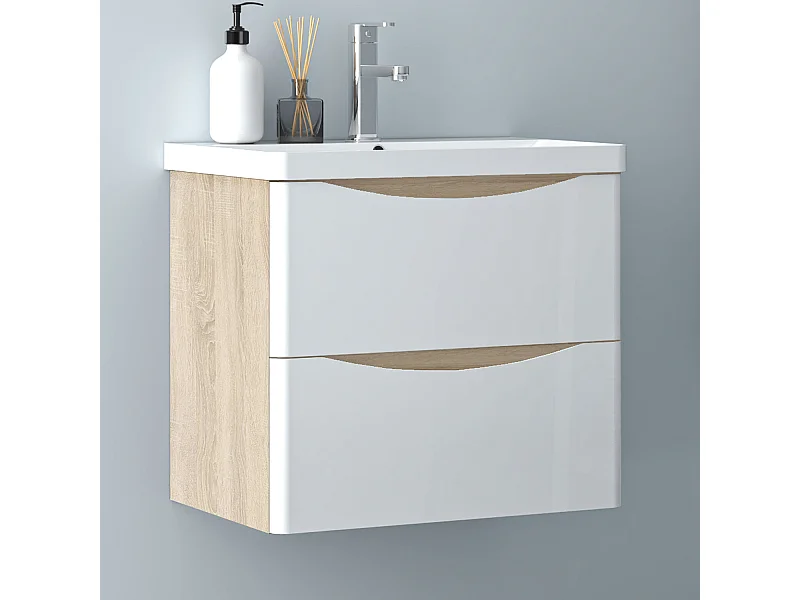 AICA Badezimmerschrank hängend 60cm Mineralguss waschbecken mit Unterschrank - Eiche & Weiß - SEMAL